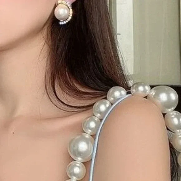 🍂 Geometric Semicircle Shape Pearl Stud Earrings For Women, FB16FA1059 - Picture 4 of 5